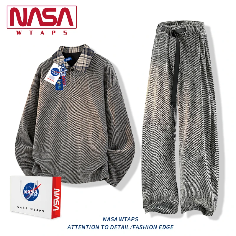 NASA WTAPS重磅雪尼尔卫衣男款春秋季潮牌假两件上衣酷帅穿搭套装