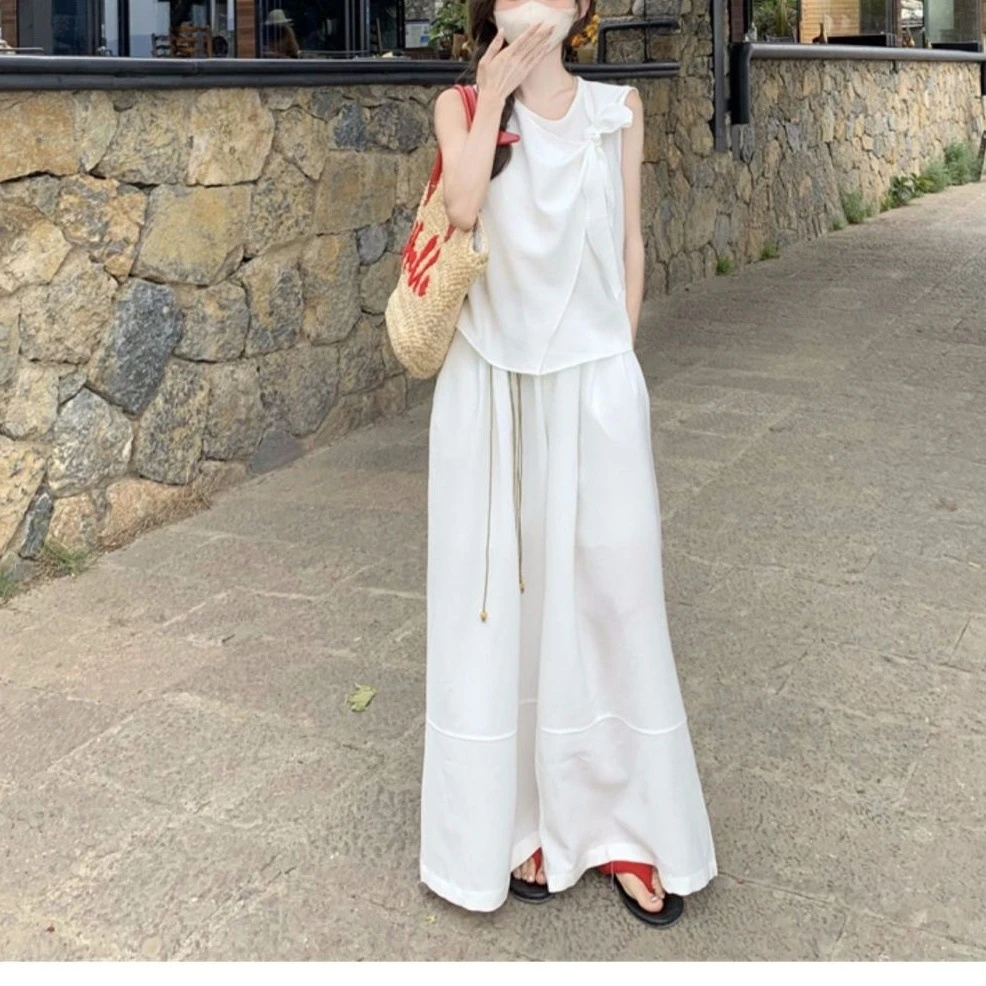 新款2025蓝色阔腿裤子女夏季裤轻薄韩里韩气拖地裤套装