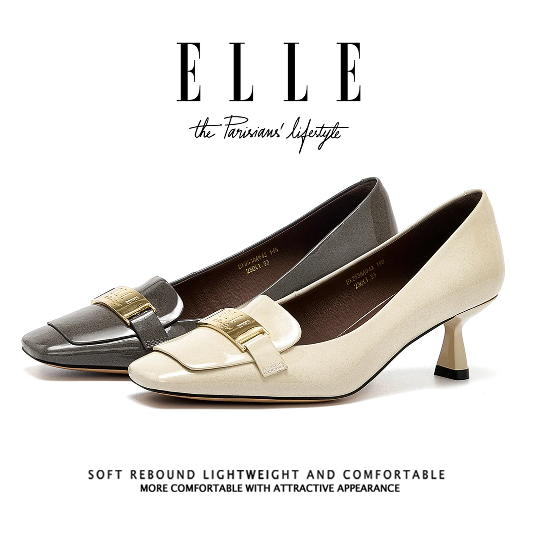 ELLE5.5CM纯皮高跟鞋女细跟小跟鞋气质优雅金属扣真皮方头时装鞋