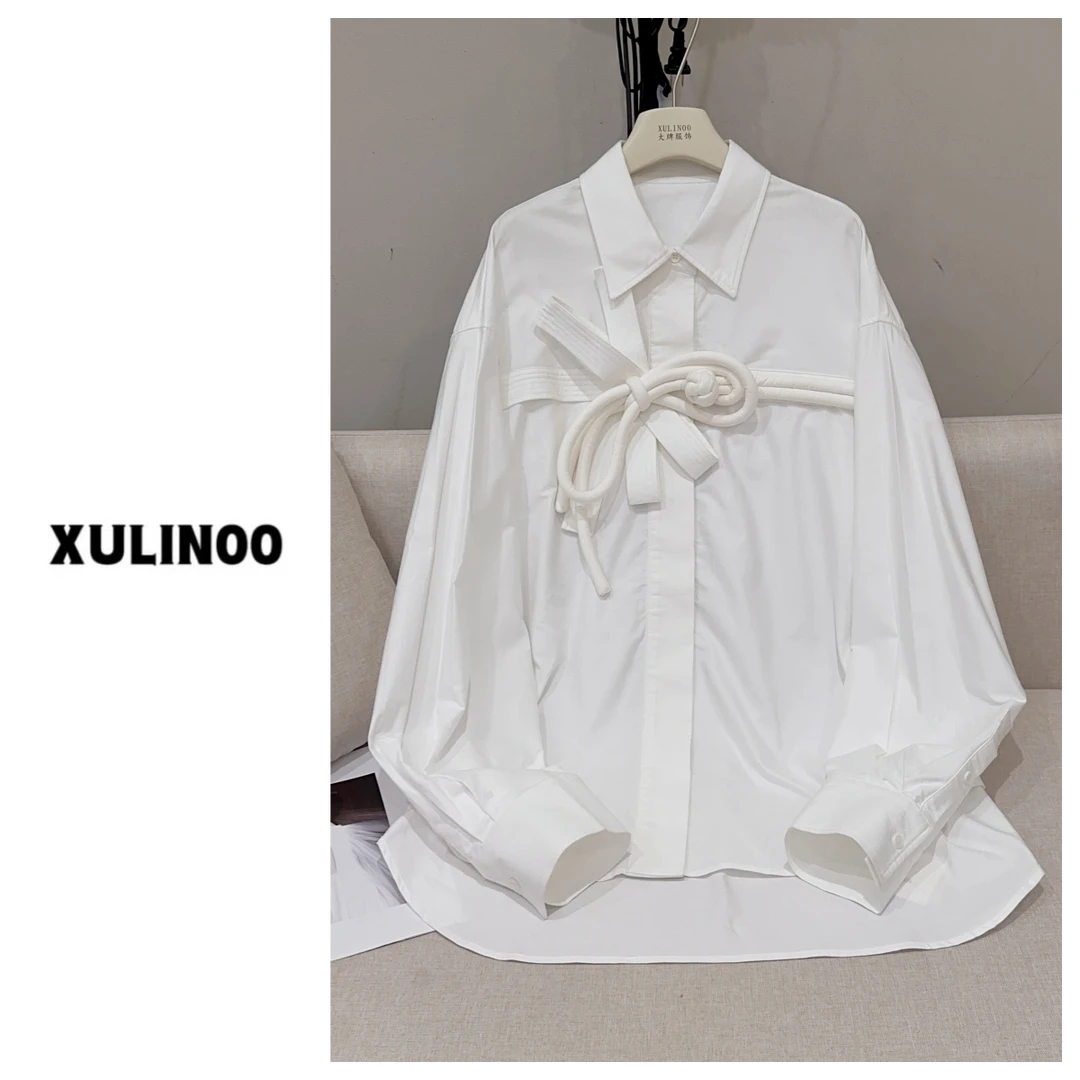 春夏时尚长袖宽松设计感绑带蝴蝶结白色衬衫 Z40302-BLD1853