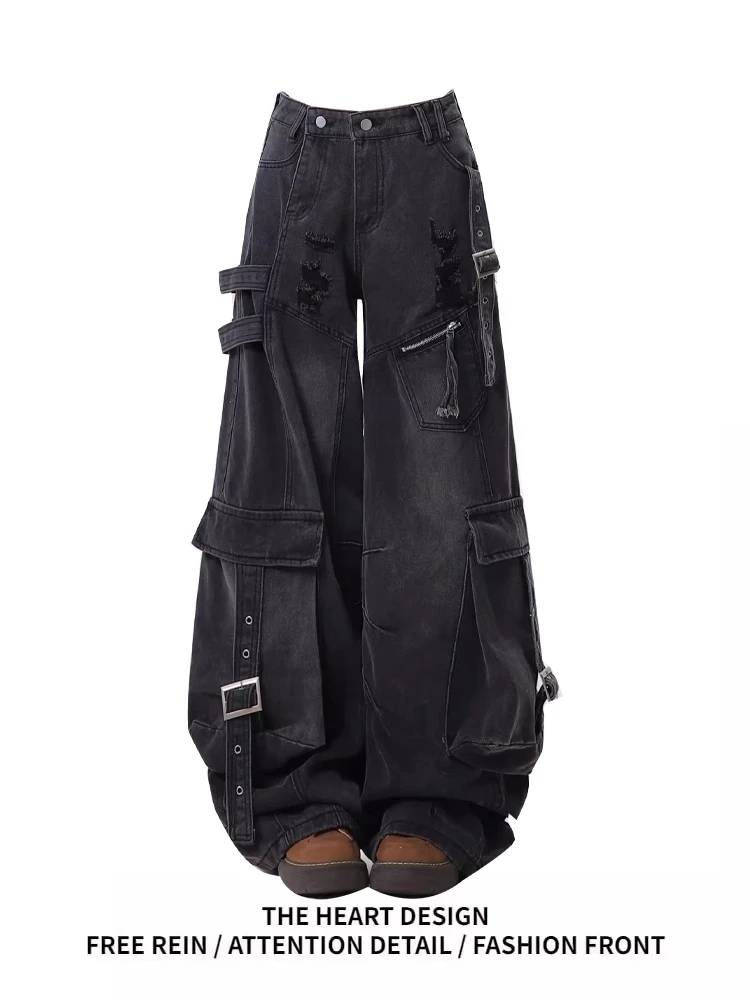 美式重工设计解构飘带破洞黑色牛仔裤女春夏多口袋阔腿直筒工装裤