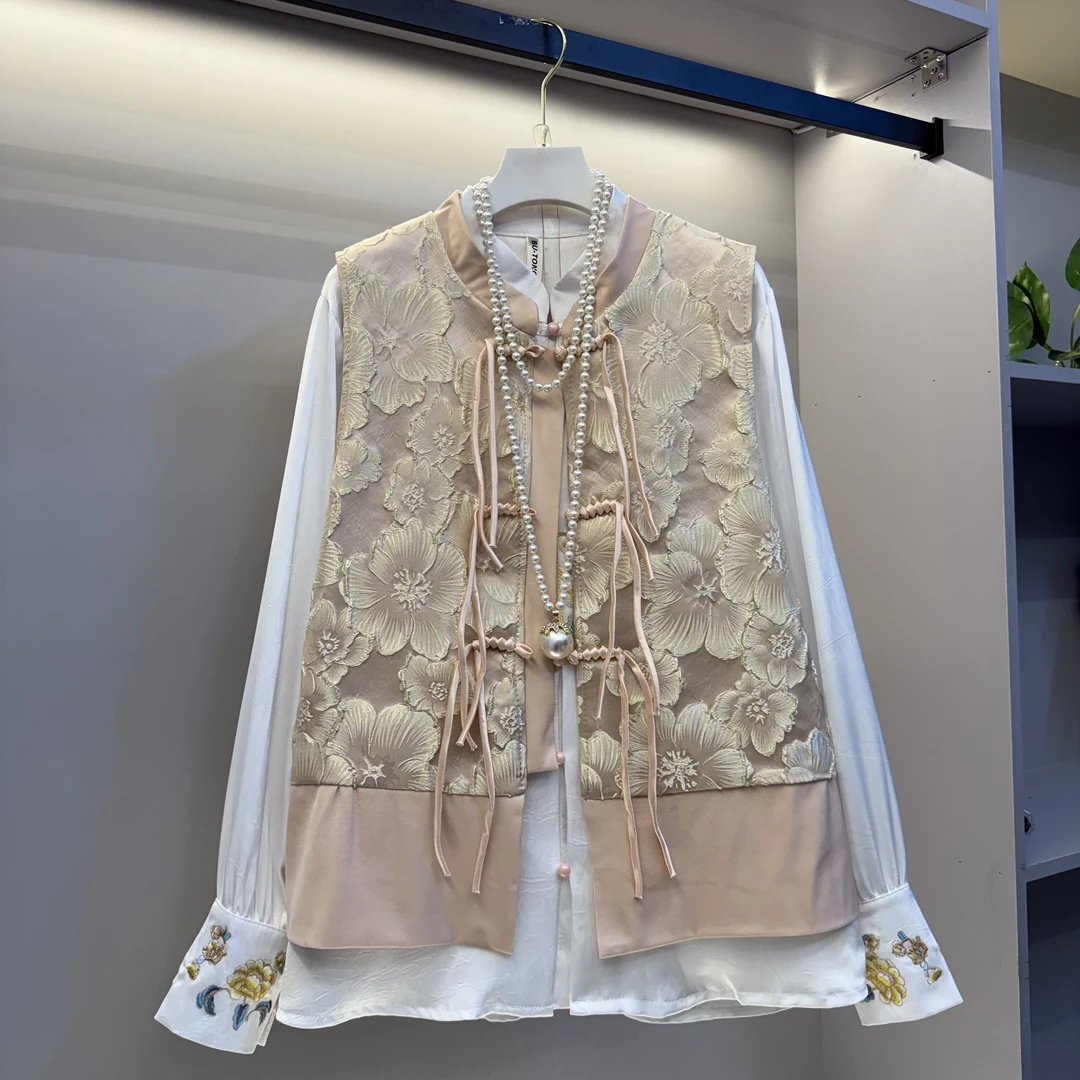 欧货新款大码2025新中式拼接马甲高级感衬衫(可单拍)