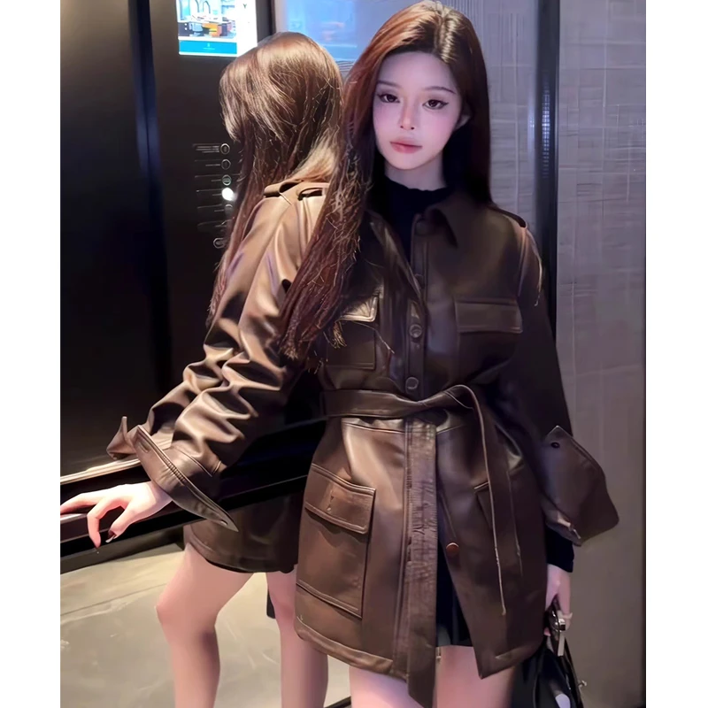 绵羊皮植鞣真皮皮衣女中长款外套翻领明星款皮夹克风衣2025新款