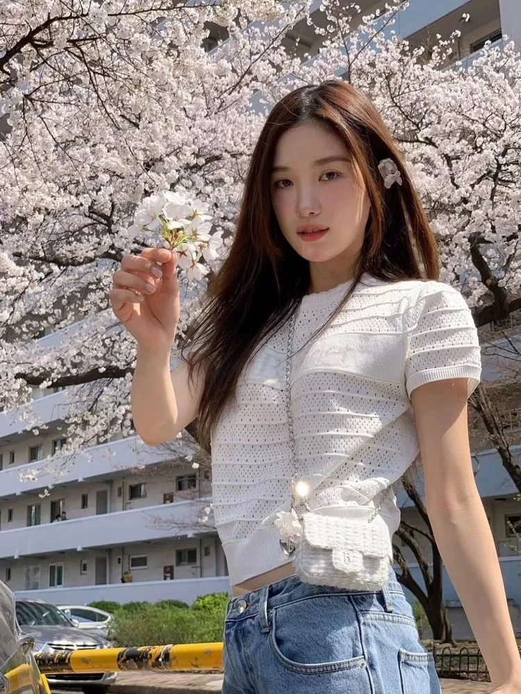 针织短袖圆领常规女夏秋季气质毛针织衫小香风修身短款百搭