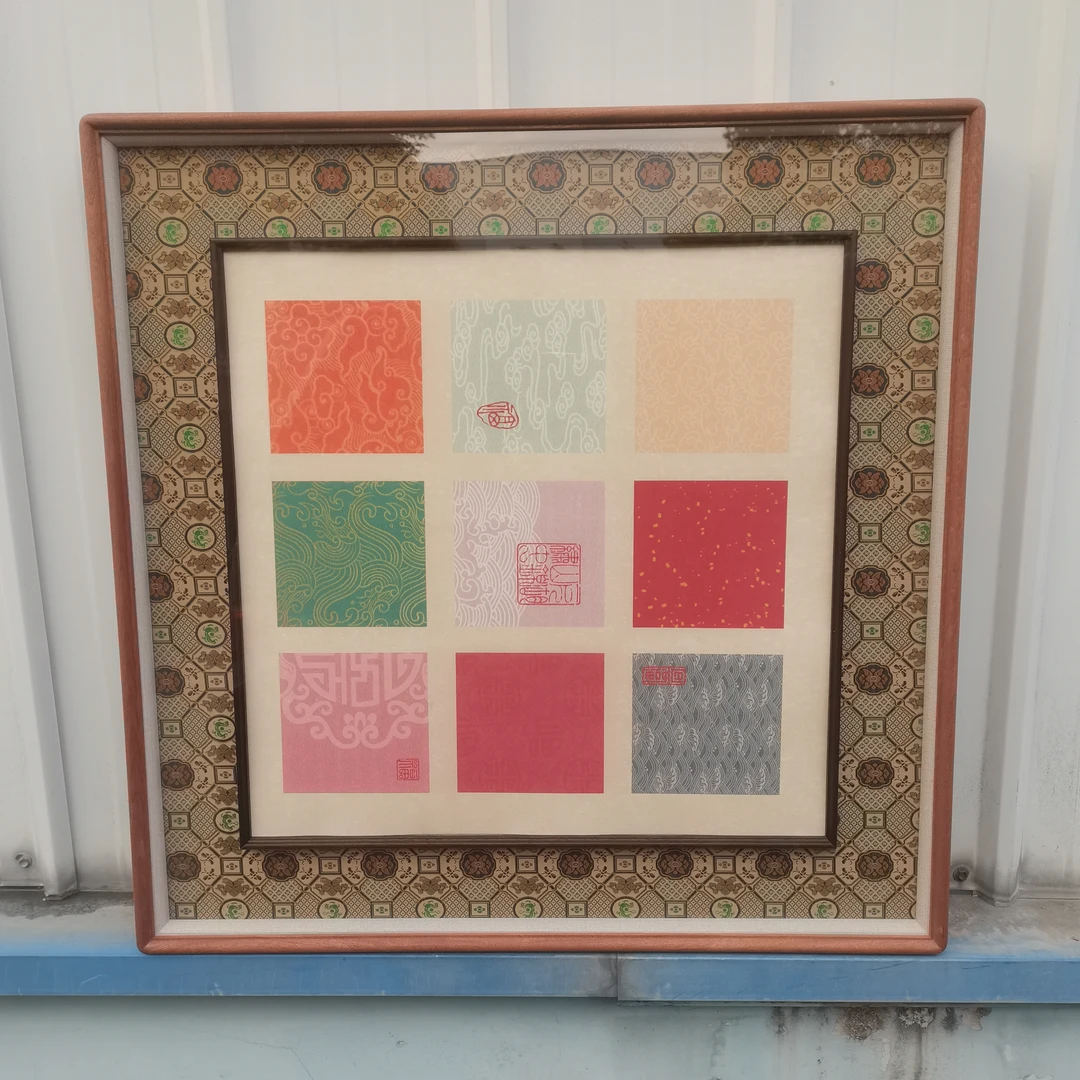 宋锦轻奢摩洛哥异域风情—68x68乌檀木框中框画框【2张九宫格3随机】