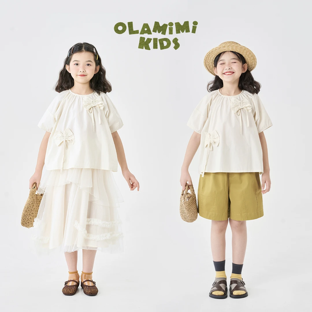 OLAMIMI定制 2025夏 亲子甜美立体手工蝴蝶结纯棉短袖上衣娃娃衫