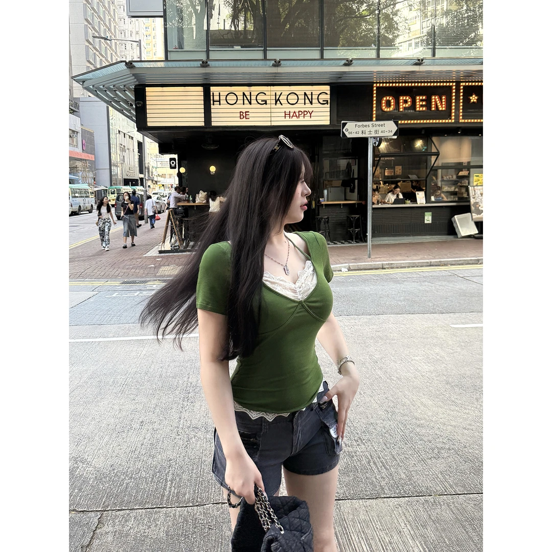 黑泽玄七「软弹舞蹈Tee」夏季显瘦氛围感系列精致假两件蕾丝上衣女