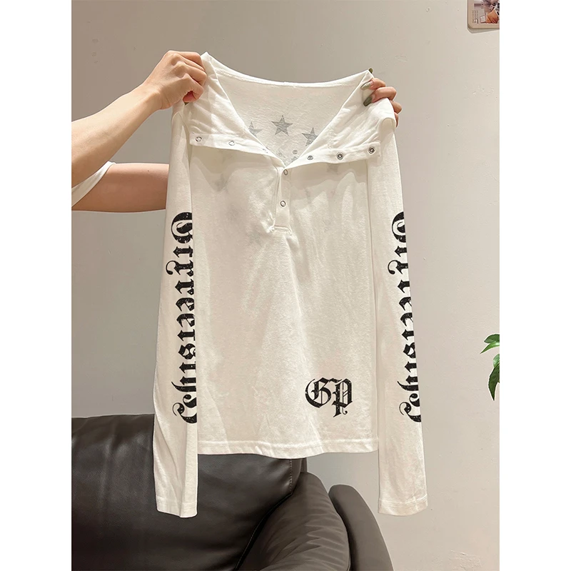 新款美式哥特风辣妹连帽印花长袖T恤女秋季bm修身显瘦打底衫上衣