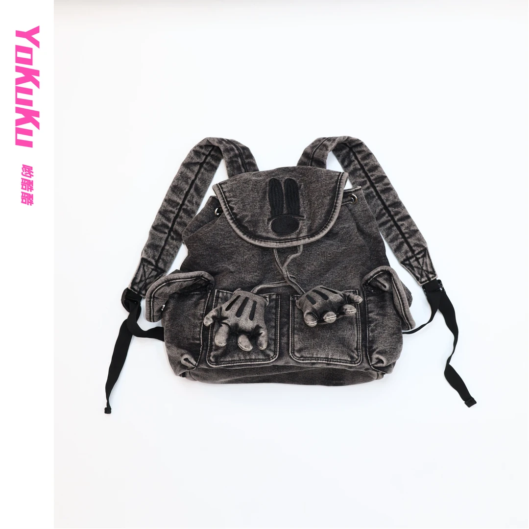 哟酷酷（复古浪潮）复古做旧洗水多口袋大容量奇奇牛仔双肩包