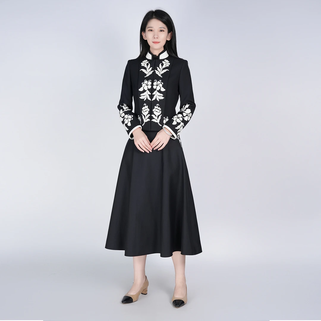 浒城古娘羊毛黑色高定气质通勤职业若颜套装HCSS050881+DCL19801