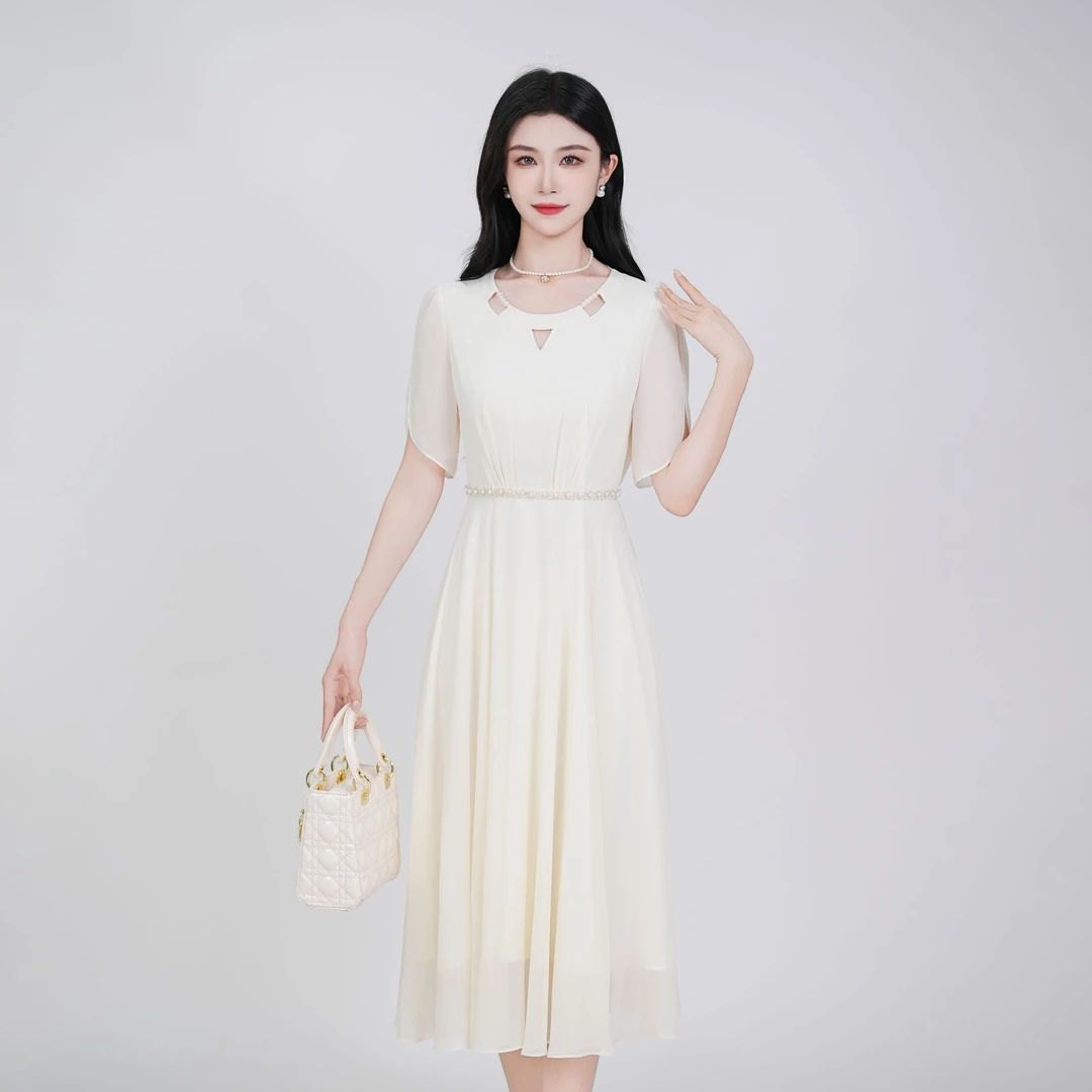 2025夏季时尚气质显瘦轻奢短袖连衣裙法式收腰长裙女