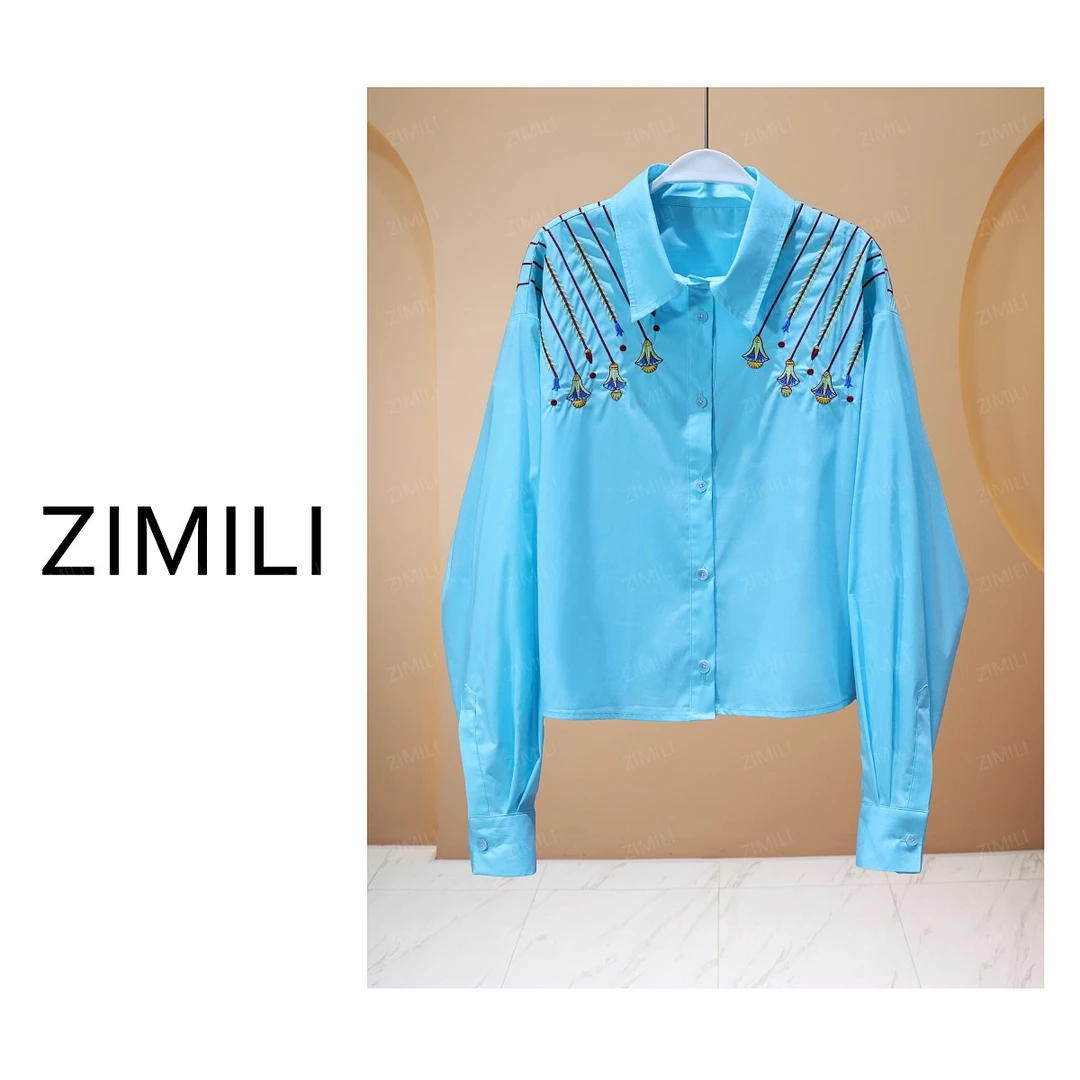 【亮哥女装】2025透气青蓝色重工刺绣时尚休闲衬衫9256-Z2