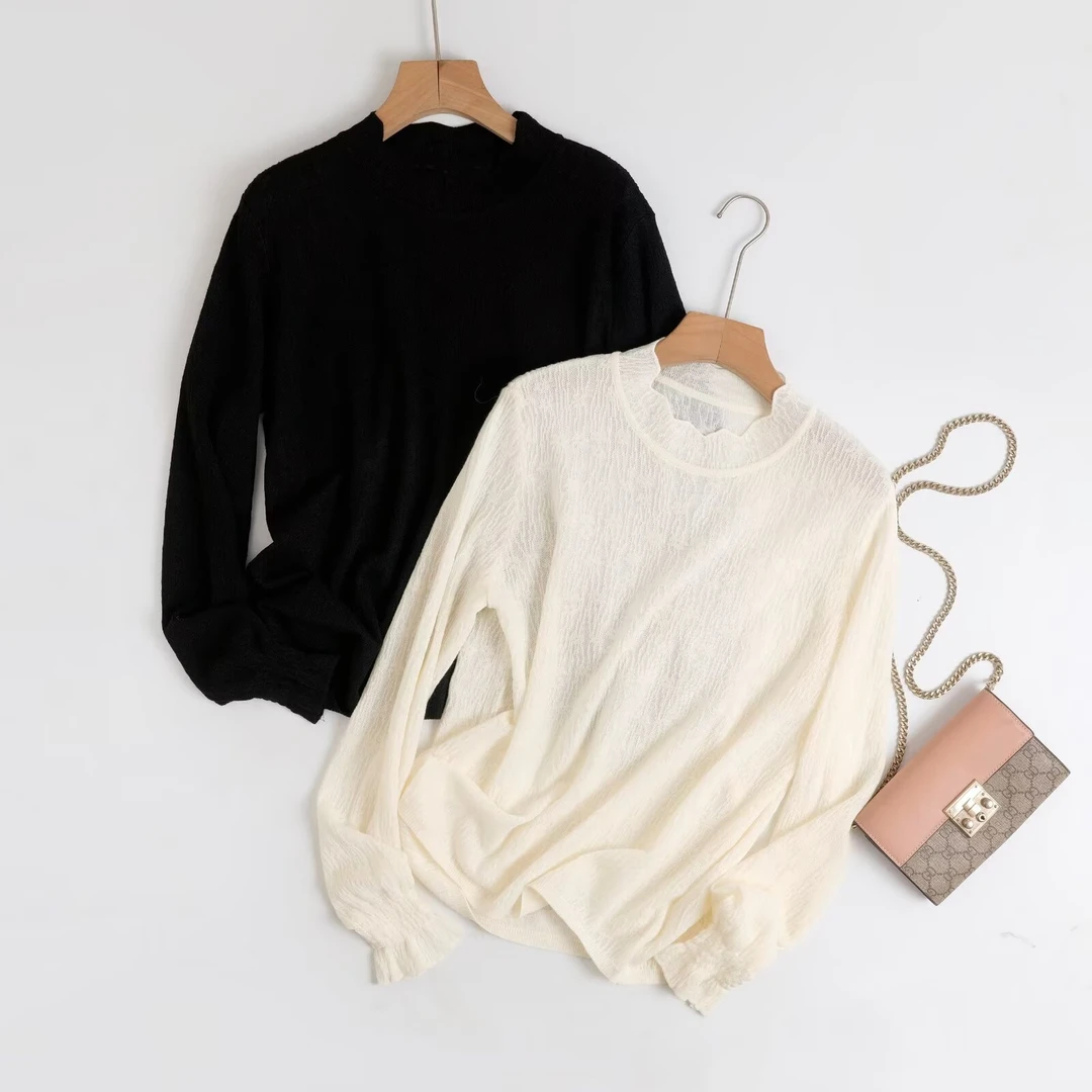 冬季新款保暖抗寒木耳边半高领立领蕾丝钩花打底气质减龄针织上衣