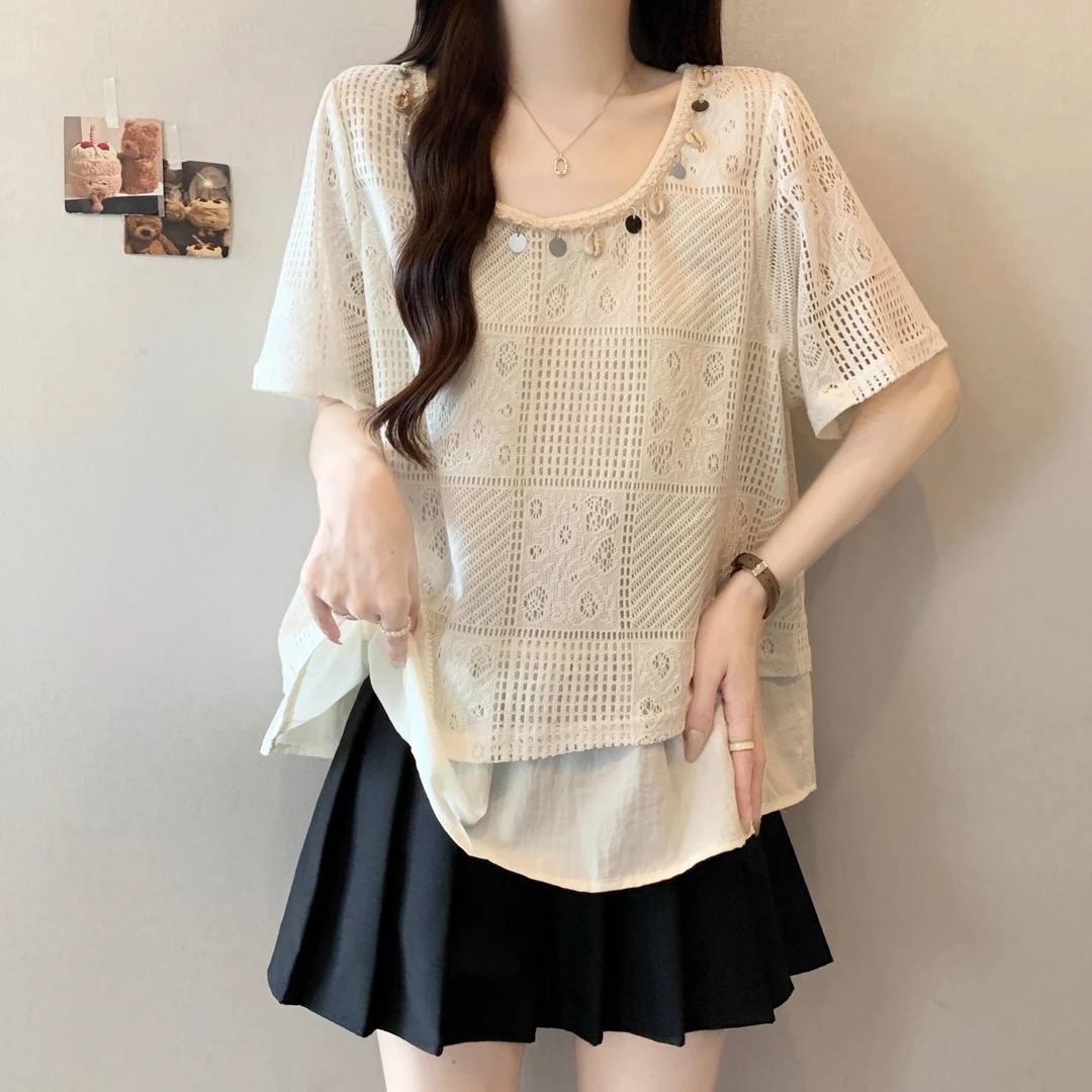 大码女装法式镂空小香风短袖衬衫2025新款胖妹妹洋气百搭气质上衣