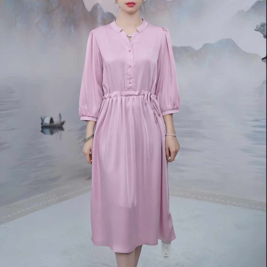 2638 高级感优雅大气纯色中长款连衣裙收腰显瘦七分袖国风长裙