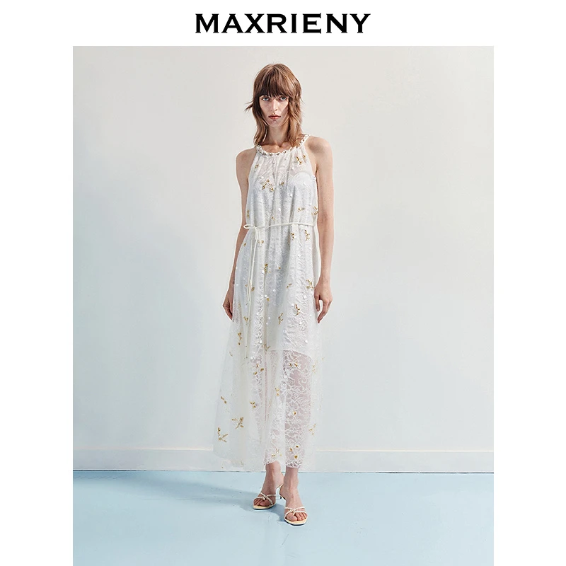 【蜜思仝】MAXRIENY优雅度假风晕染蕾丝连衣裙25夏款挂脖蕾丝长裙