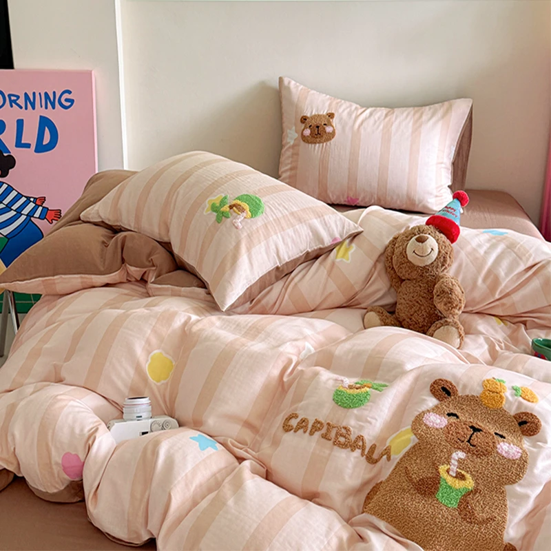 纯棉双层纱床上四件套全棉卡皮巴拉卡通被套床单宿舍三件套ins风