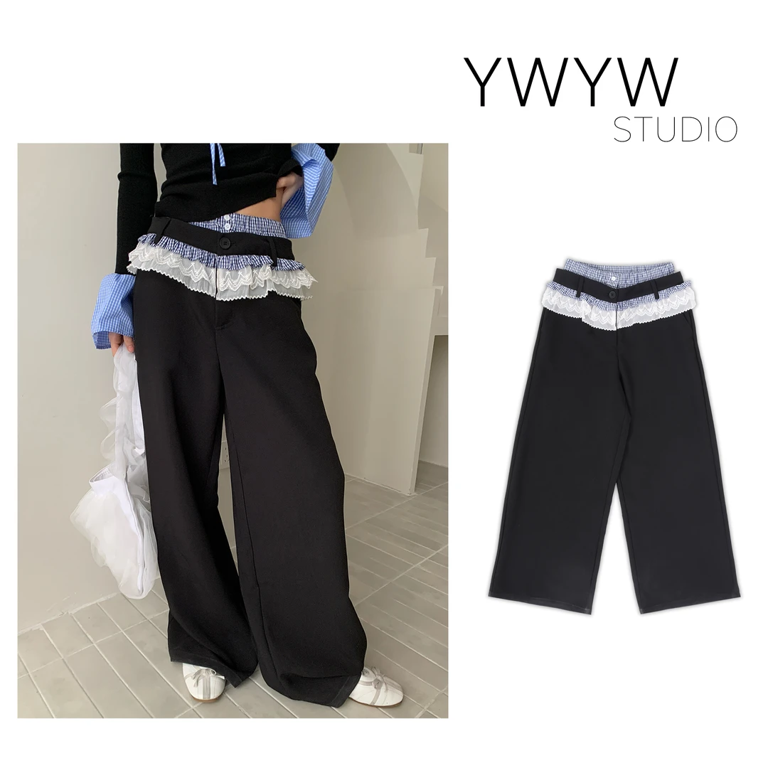 【YWYW25S/S】春季百搭蕾丝花边层次拼接垂感休闲裤3781