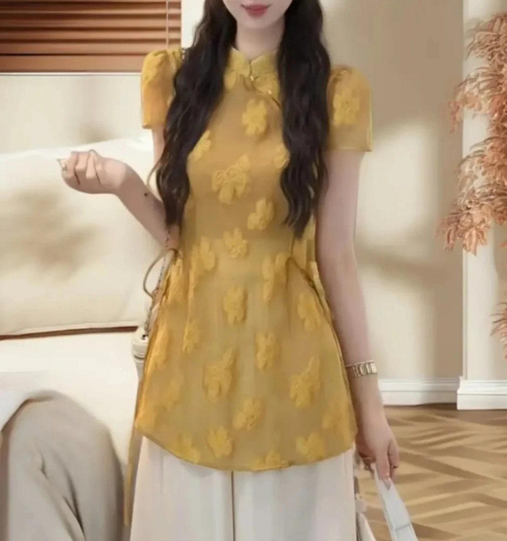 2025夏季新款洋气气质立领短袖显瘦设计新中式