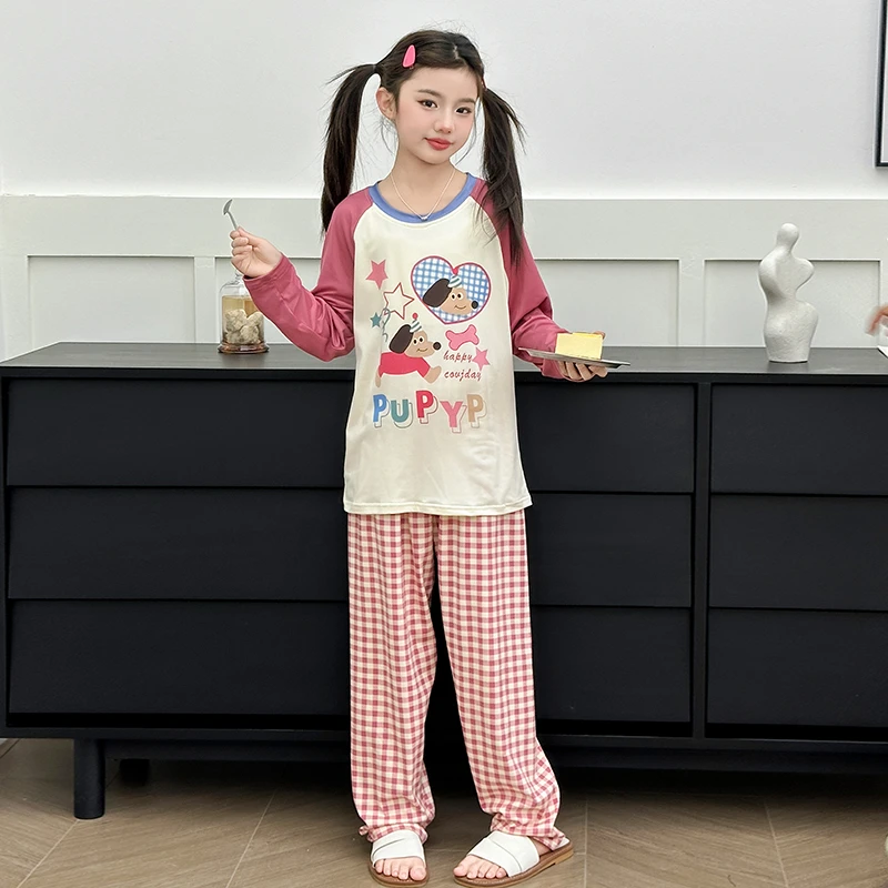 春秋新款女童睡衣儿童卡通棉质圆领格纹长袖家居服6-12岁女孩套装