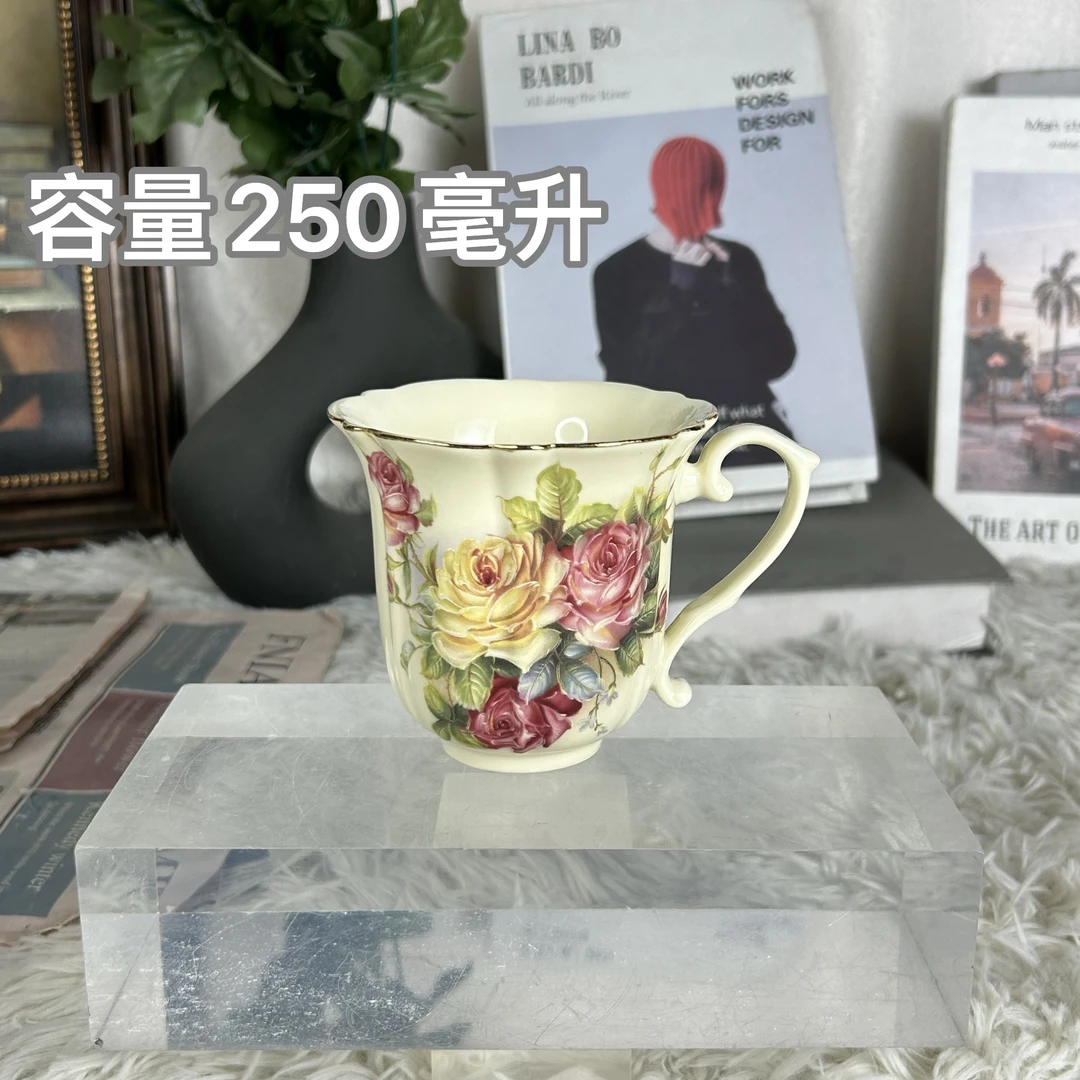 【沐梓】欧式象牙黄老镇玫瑰系列宽口马克杯250毫升