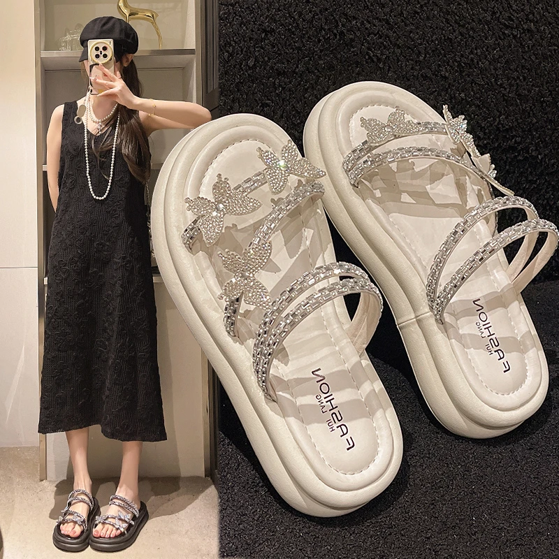 水钻外穿凉鞋2025夏季新款鞋子时尚百搭拖鞋厚底凉拖女外穿