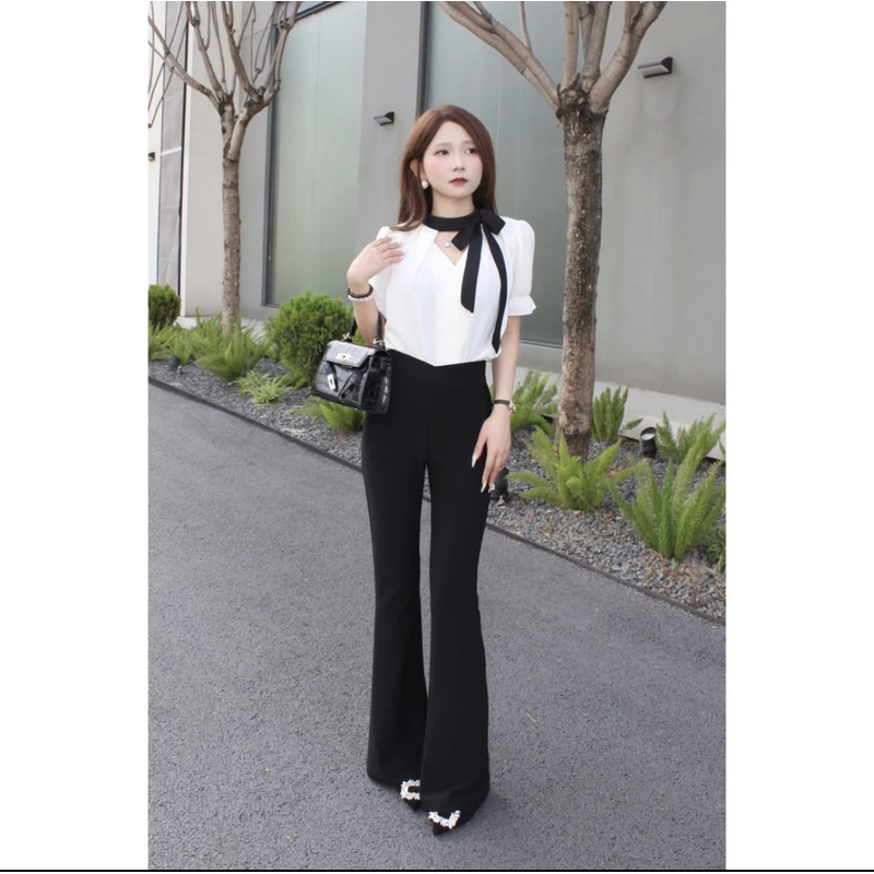 2025小个子定制法式赫本风撞色绑带蝴蝶结v领衬衫微喇裤套装XF002