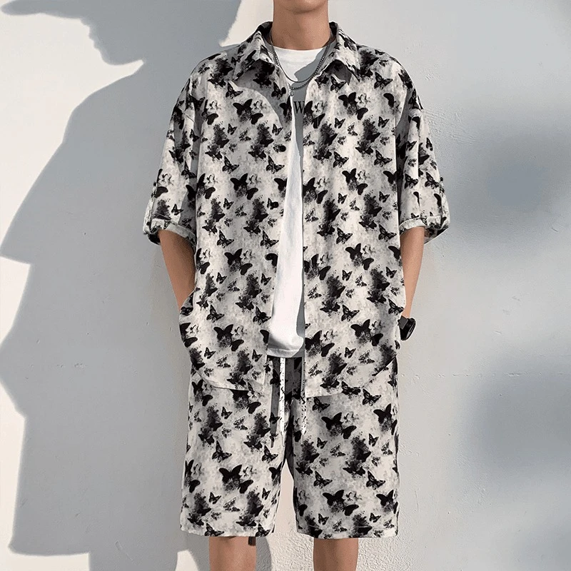沙滩日常花衬衫男短袖宽松夏季薄款潮流休闲男士套装两件套衬衣