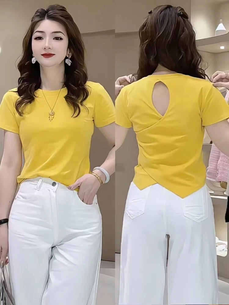 不规则镂空短袖t恤女2025夏季新款小个子设计感小众收腰显瘦上衣