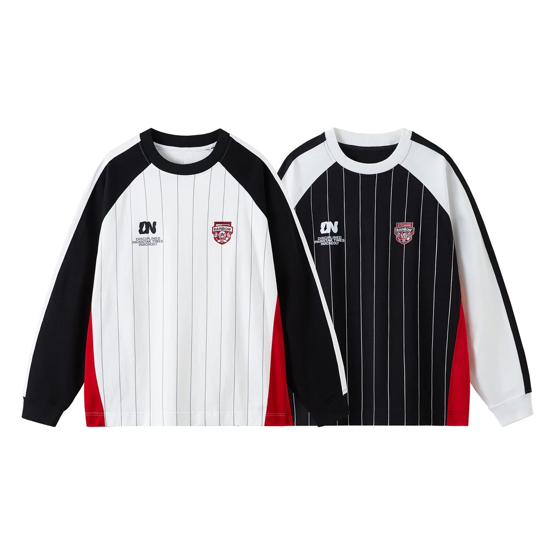 秋季国潮美式复古插肩袖条纹球衣卫衣拼色长袖运动T恤男女