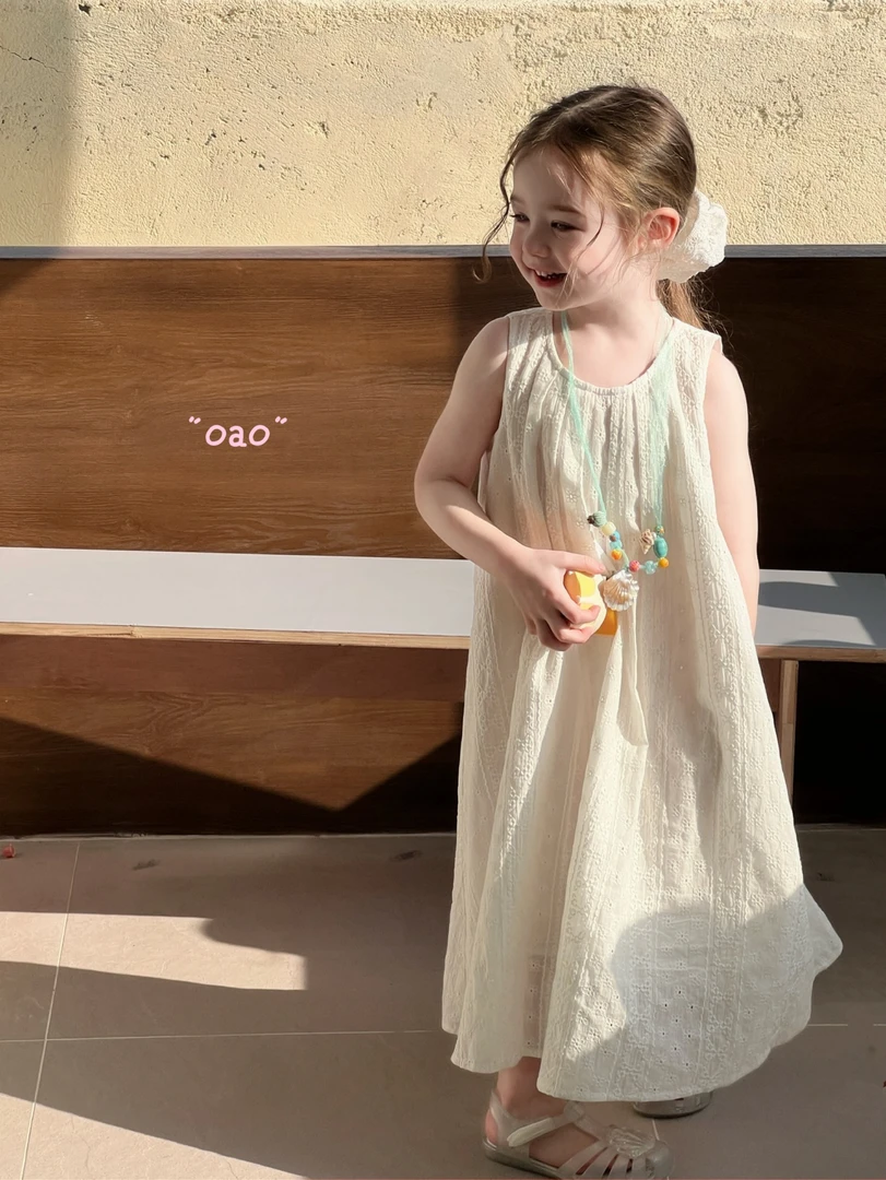 亲子款 女童度假风长裙小个子蕾丝刺绣连衣裙中长款无袖背心裙