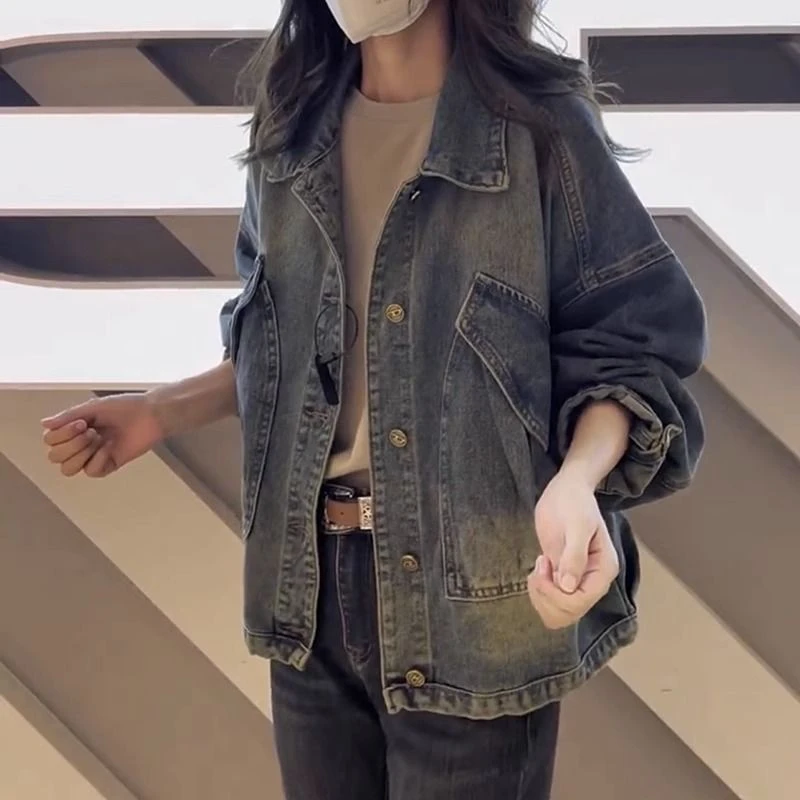 复古港风春秋新款大码牛仔外套女设计感小众韩版百搭夹克长袖上衣
