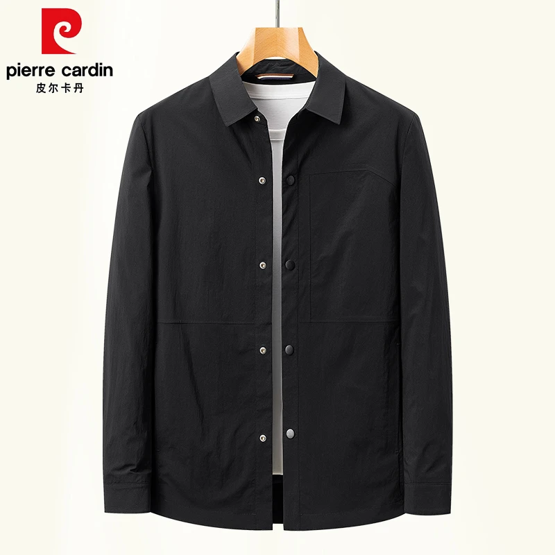 皮尔卡丹翻领男商务休闲格纹夹克中年男装茄克上衣春秋季百搭外套