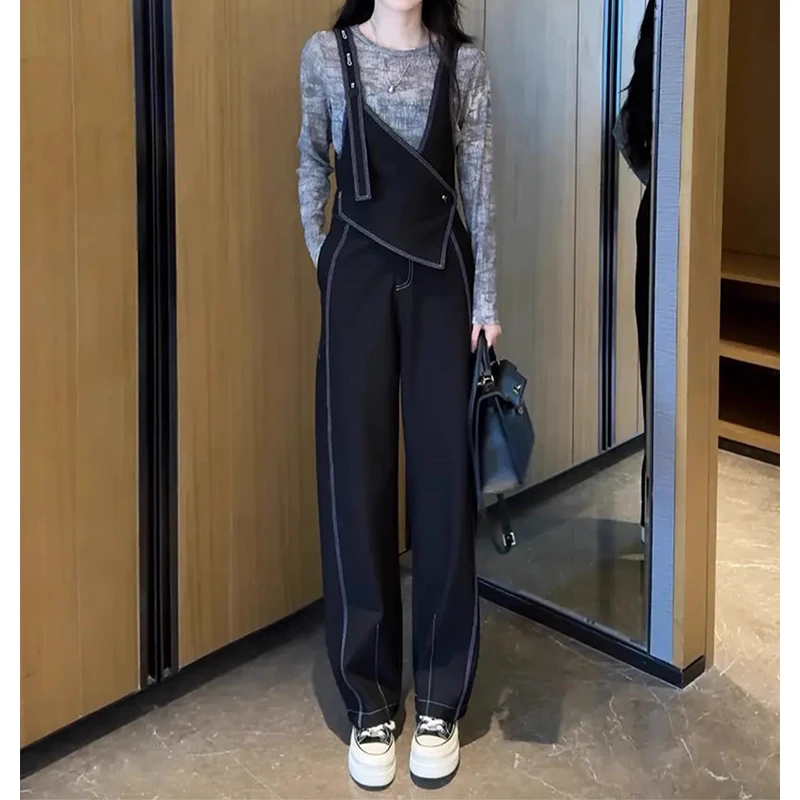 4高级感背带裤女春装2025新款设计感收腰显瘦高腰阔腿连体裤