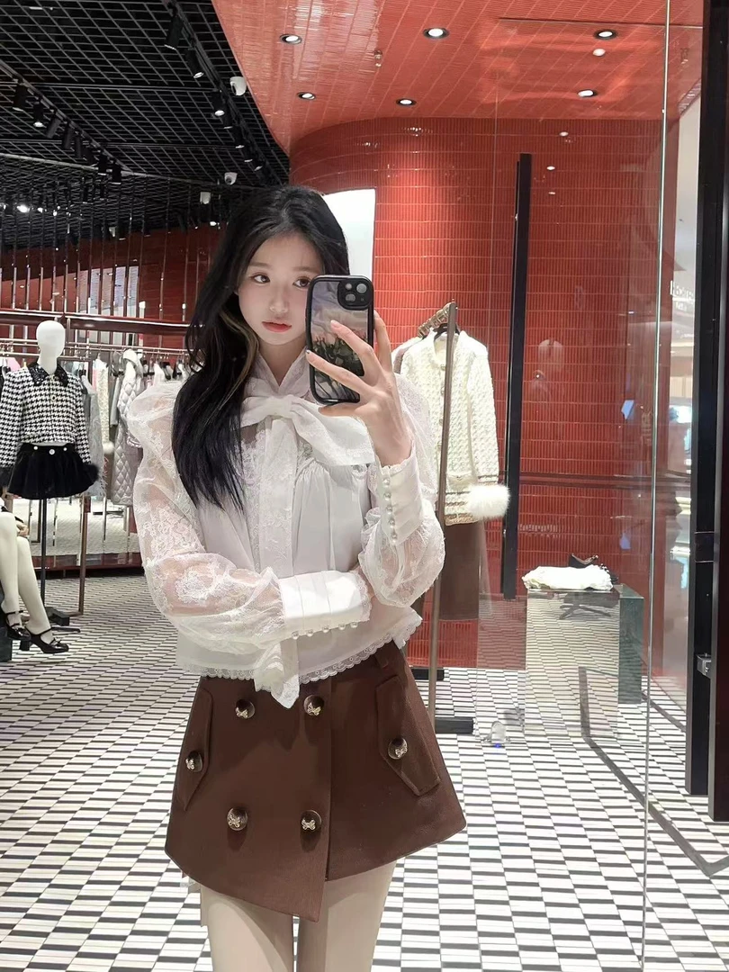 现货拉家春季新款蝴蝶结蕾丝显瘦百搭衬衫106