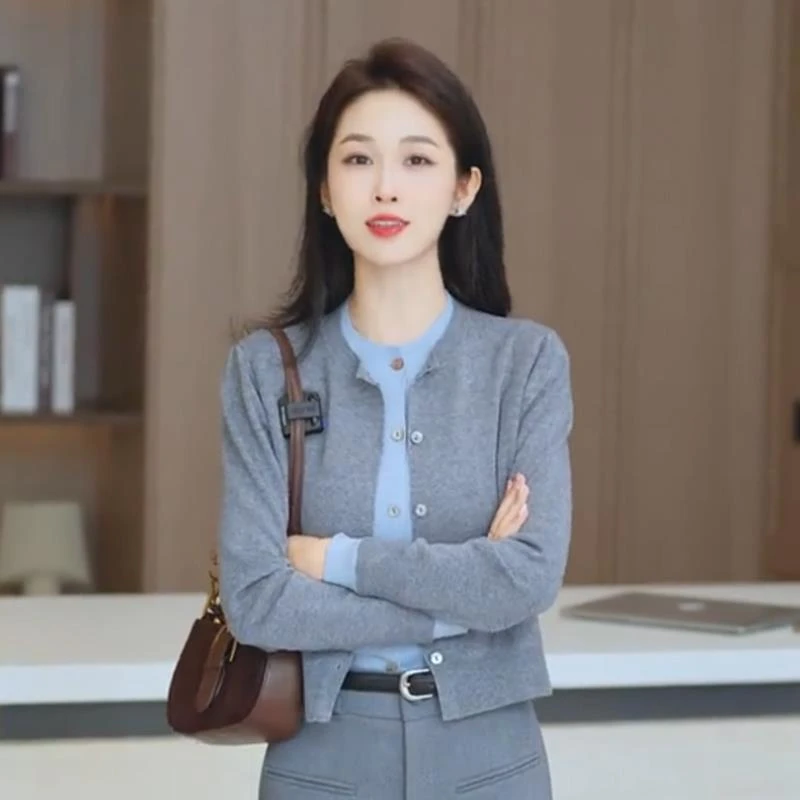 韩系chic高级感假两件灰色针织衫女春秋季2025新款小个子开衫外套