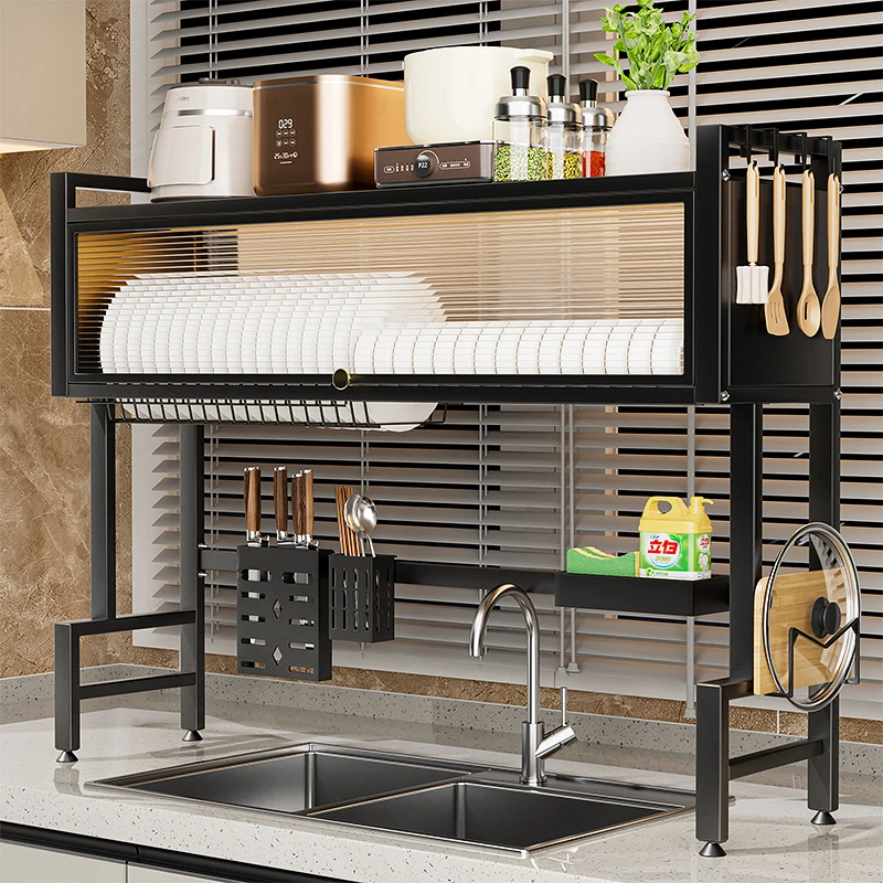 厨房水槽置物架带柜门放碗盘储物柜多功能台面防尘碗碟沥水收纳架