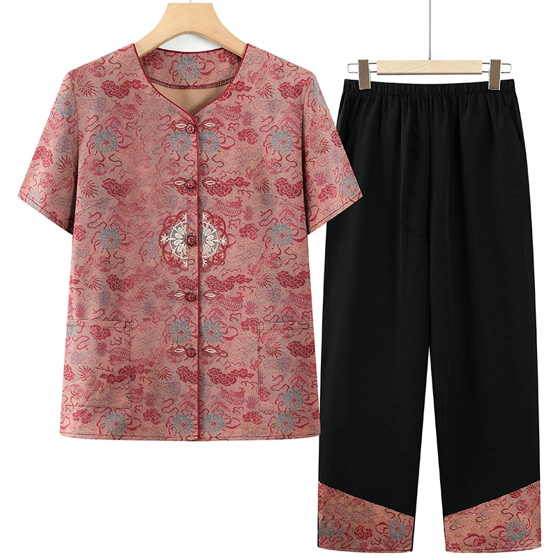 中老年女装夏季短袖套装大码妈妈装绣花上衣老太太夏天薄款两件套