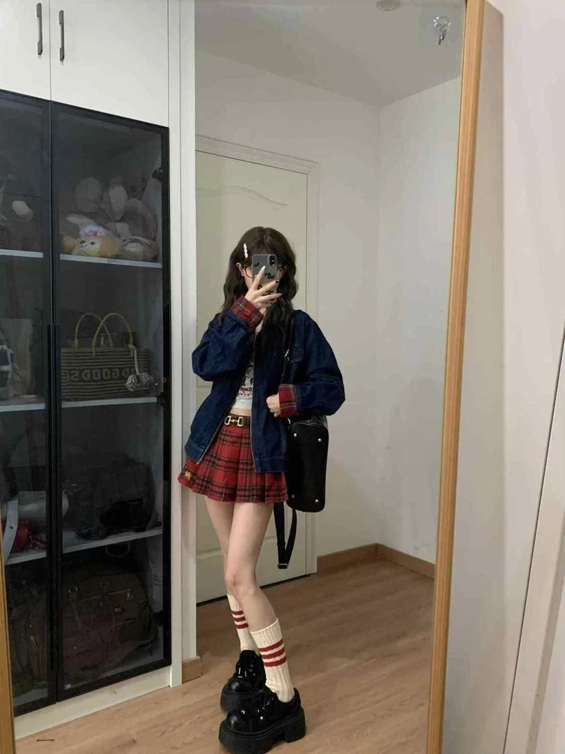 2025美式复古格纹拼接牛仔外套女秋季小个子百搭休闲短款夹克上衣