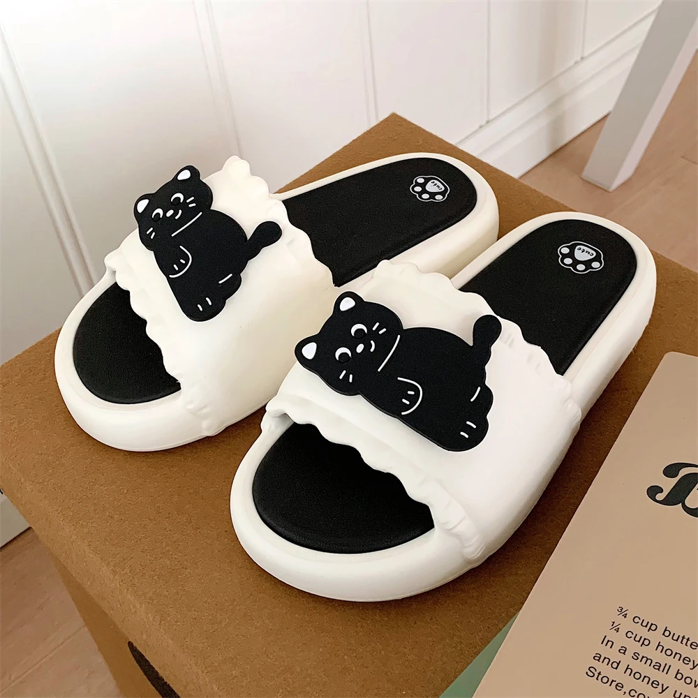 细细条 夏季女士ins少女心软底拖鞋居家可爱趣味黑猫拼色学生凉拖