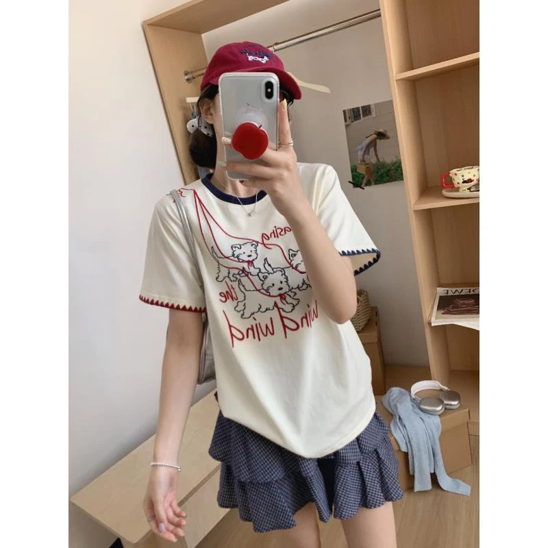 小慧 西高地拼色领正肩刺绣花边袖口休闲短T恤IR01