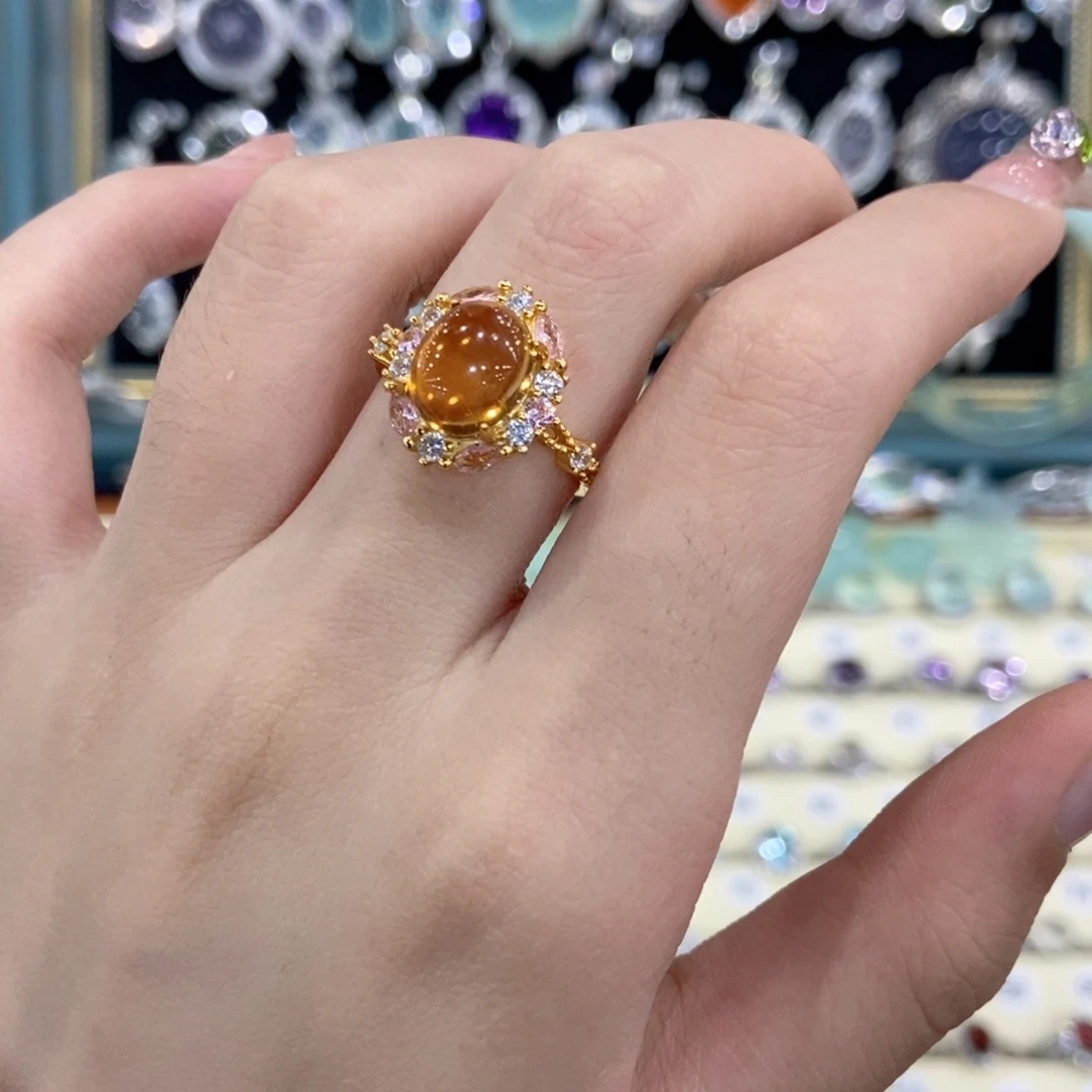 银S925镀金镶嵌戒指烟晶