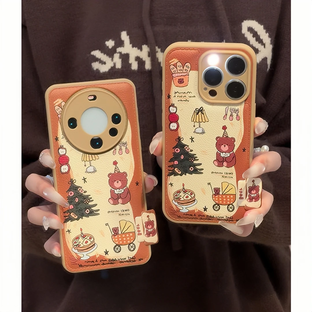 新款秋冬皮纹可爱小熊适用苹果17手机壳华为vivoppo小米15全包14