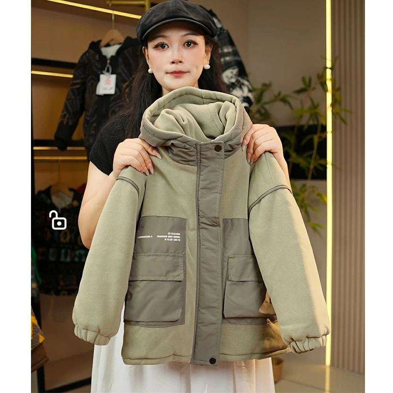 G882冬季加绒加厚连帽潮流拼接奥利绒外套棉衣