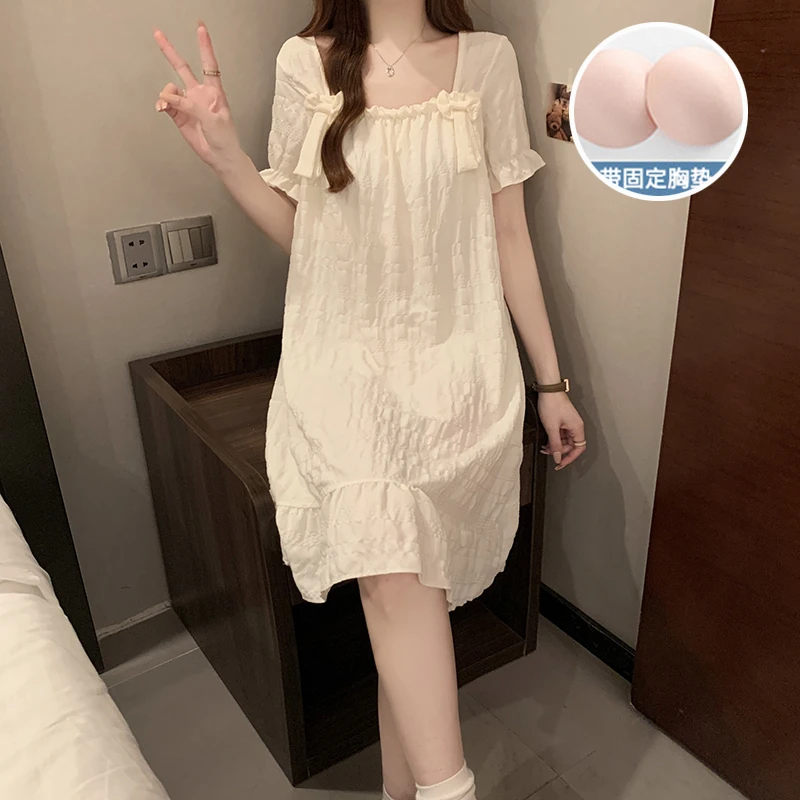 带胸垫2025夏季新款甜美蝴蝶结短袖睡衣家居服纯色云感棉睡裙女款