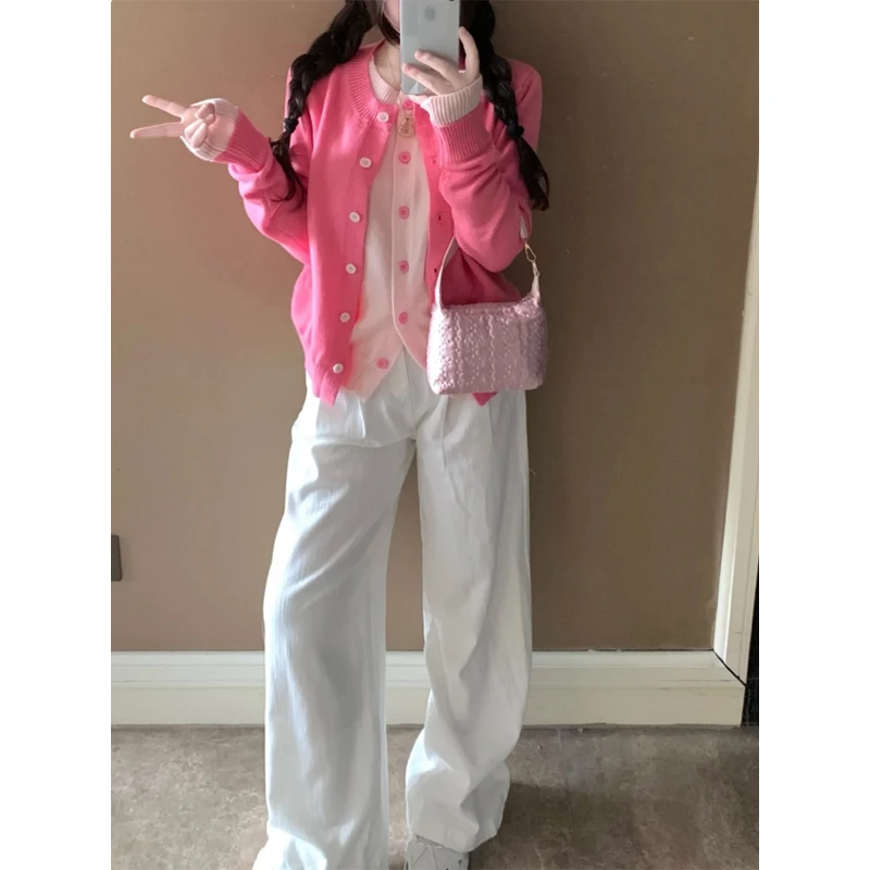慵懒风玫粉色假两件针织开衫女上衣韩版显瘦直筒窄版直筒宽松长裤