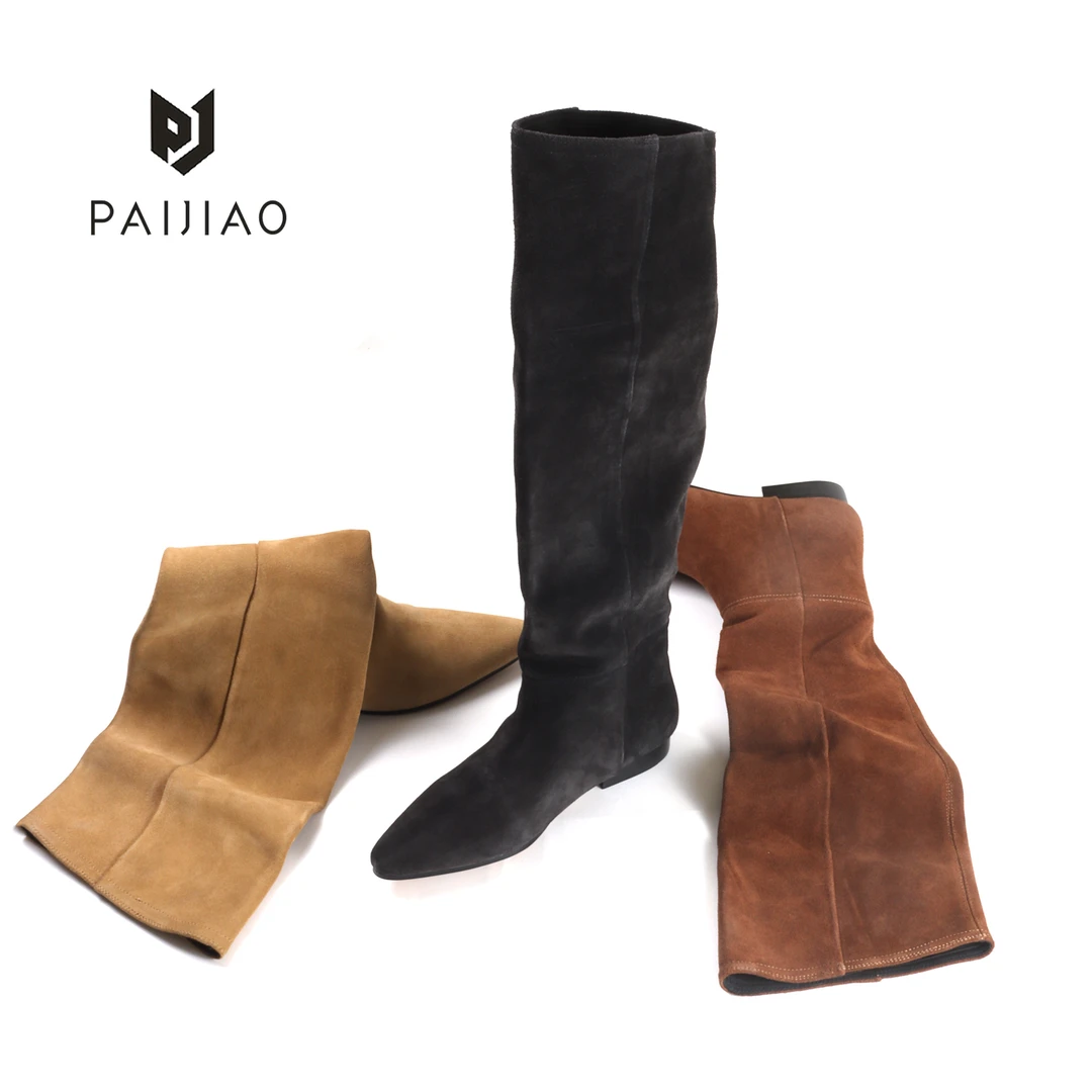 复古法式休闲大筒围尖头平底牛反绒女靴堆堆靴时尚高靴JX2311-3