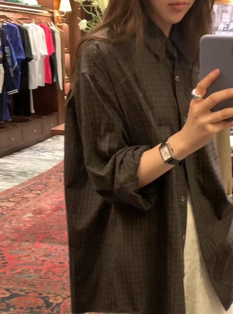 春季新款泡菜咖色格子衬衫