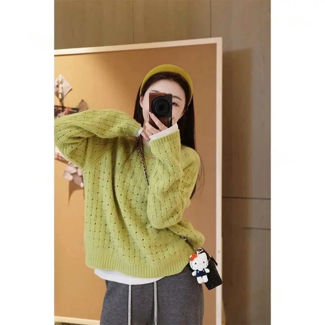 【方糖毛衣】新款镂空编织长袖毛衣遮肉显瘦针织衫+休闲裤BB50374