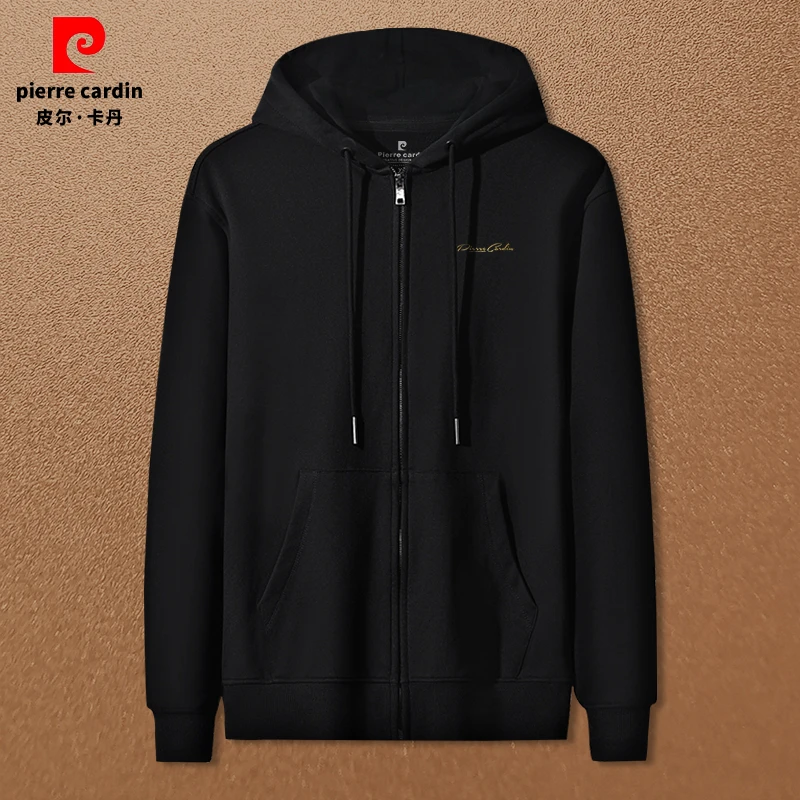 皮尔卡丹男士新品休闲连帽开衫外套时尚百搭中青年大码男装潮流男